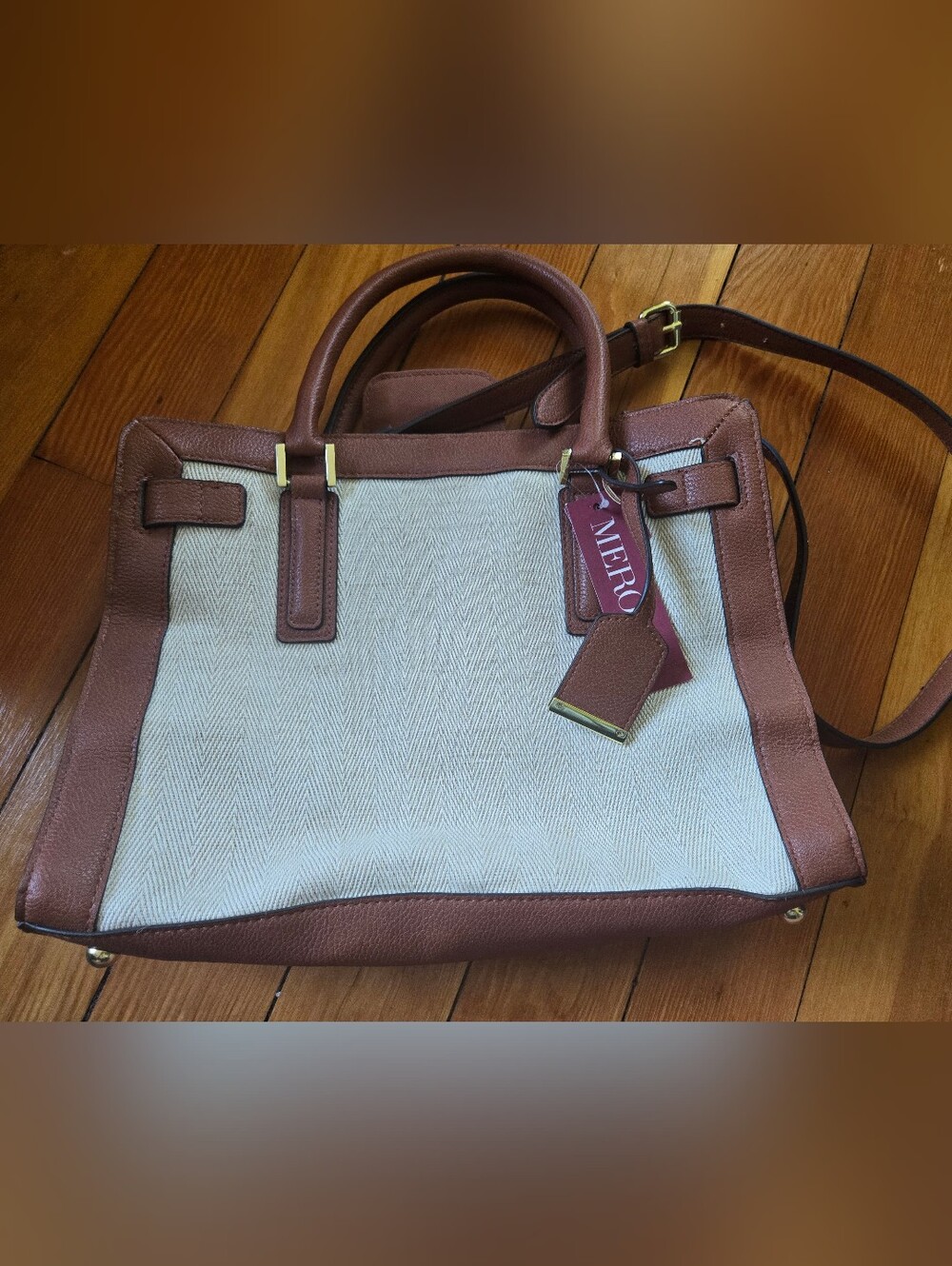 Merona Woven Canvas & Faux Leather Satchel Shoulder Bag - Tan/Cream NWT